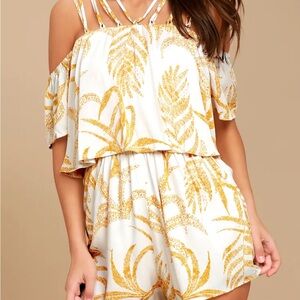 MINKPINK White and Gold Leaf Print Jumpsuit
